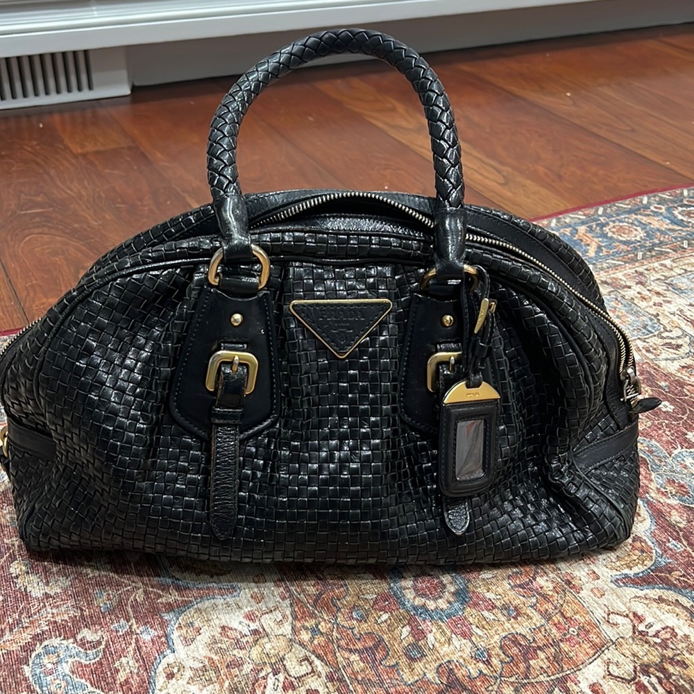 Prada Black Woven Leather Satchel with Gold Hardware